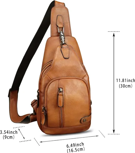 Miniatura 5 de IVTG Bolso bandolera de cuero genuino para hombres y mujeres, mochila vintage para el pecho, bolso cruzado para viajes y ciclismo, Marrón, Mediana