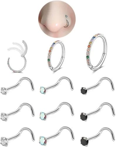 Miniatura 25 de Nose Rings Hoop and Nose Studs Sets for Women Men,Hypoallergenic 316L Surgical Stainless Steel Hinged Clicker Segment Nose Rings Hoop Helix