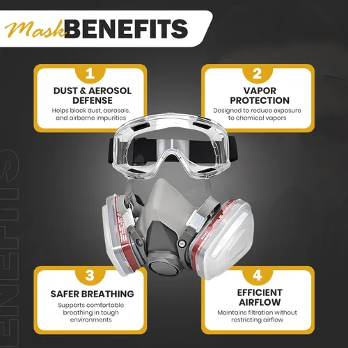Miniatura 3 de Máscara respiradora para pintura en aerosol, carpintería, soldadura, polvo y seguridad general con gafas transparentes, 10 filtros de repuesto