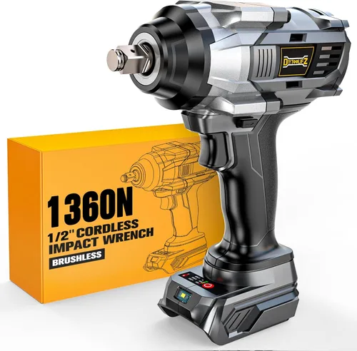 DIYtoolifz Llave de impacto inalámbrica de 1/2" compatible con batería Dewalt 20v (herramienta básica), controlador de impacto de alto par de 1000