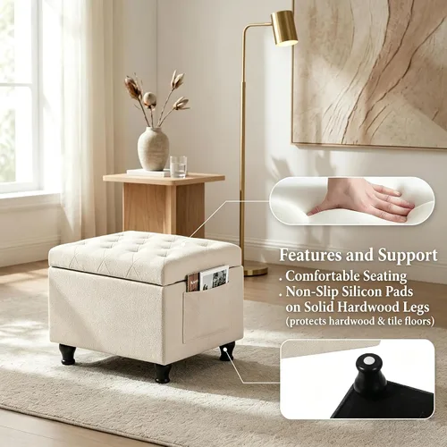 Miniatura 6 de Otomana rectangular de 24 pulgadas, color beige con almacenamiento para sala de estar Upholstered Fabric Shoe Bench and Footrest with Safety Hinge