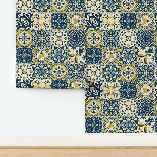 Miniatura 4 de Papel tapiz para despegar y pegar – Azulejos amarillos Limones Cheater Quilt Italiano Mediterráneo Azulejos Siciliano Karge Escala Toscana, Papel