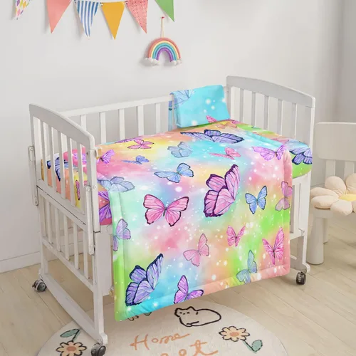 Miniatura 2 de Juego de ropa de cama para cuna de 3 piezas, edredón de guardería con estampado de mariposas en acuarela, sábana y falda para bebés niños y niñas
