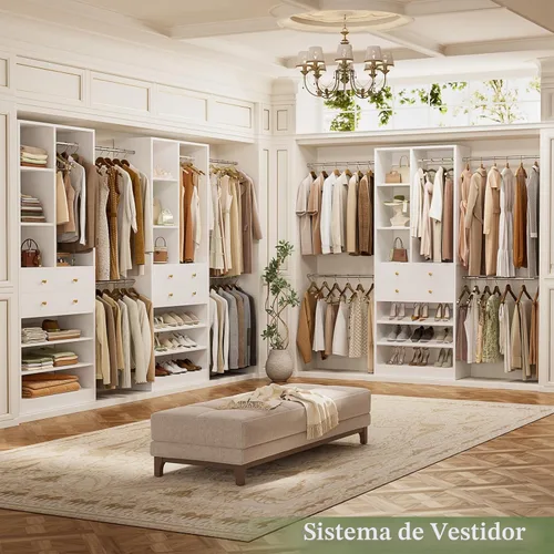 Miniatura 7 de Besiost Sistema de Armario, Organizador de Armario de 4.2 a 8.8 Pies con 2 Cajones y Estantes de Madera, Sistema de Vestidor con 5 Varillas