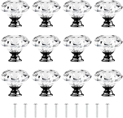 Miniatura 10 de Tomorotec Elegantes tiradores de cristal en forma de diamante para cajones, juego de 12 con base dorada y tornillos, 1.2 pulgadas, ideal