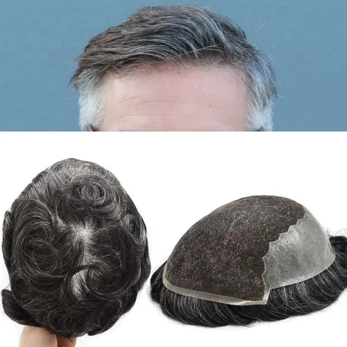 Miniatura 26 de Toupee para hombres, sistema de reemplazo de cabello humano Remy, nudos blanqueados, encaje frontal, piel fina, para hombre, color gris, pelucas
