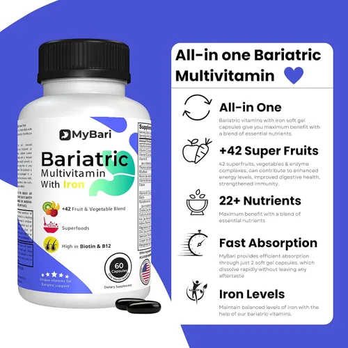 Miniatura 2 de Multivitamínico bariátrico todo en uno con hierro, fabricado en Estados Unidos, para hombres y mujeres, soporta manga gástrica y bypass con más