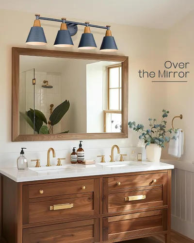Miniatura 4 de FEMILA Lámparas de baño de 4 luces, lámparas de tocador modernas de estilo rústico con acabado de pantalla de metal martillado, azul oscuro, Azul
