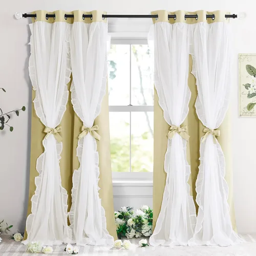 Miniatura 22 de PONY DANCE Cortinas con Volantes de Doble Capa con Superposición Transparente, Decoración Elegante para Ventanas de Diseño Rústico Francés de Campo