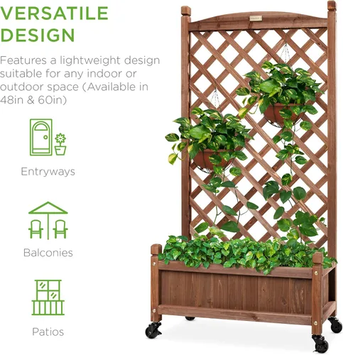 Miniatura 6 de Best Choice Products - Caja de plantación de madera de 48 pulgadas con enrejado de diamante, cama de jardín elevada móvil para plantas trepadoras