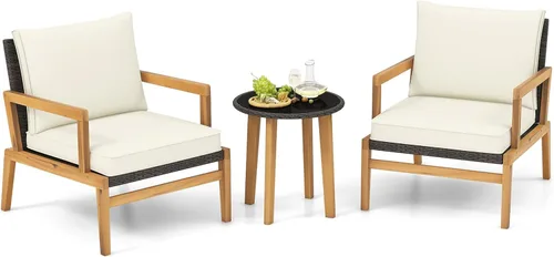 Tangkula Juego de sillas de patio de 3 piezas, juego de sillas de mimbre y mesa auxiliar con cojines suaves y mesa de vidrio templado, soporte de
