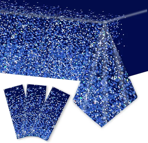3 piezas Manteles Azul Plateado Decoraciones de Fiesta Mezclilla y Diamantes Mantel Azul Marino y Plateado Desechable de Plástico Confeti Real
