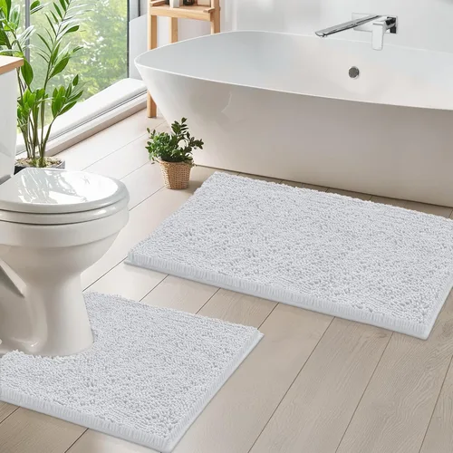 Miniatura 19 de LuxUrux Juego de 2 tapetes de baño de felpa extrasuave, material de microfibra de felpilla de 1 pulgada, color verde súper absorbente