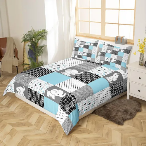 Miniatura 2 de Homewish Juego de ropa de cama de elefante, tamaño Queen, funda de edredón a rayas azules para niños y niñas, juego de funda de edredón de animales