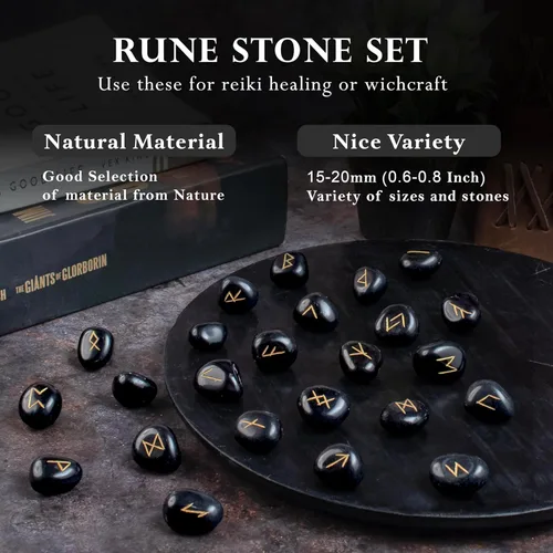 Miniatura 3 de Crocon Piedras preciosas de turmalina negra Alfabeto Futhark Alfabeto Grabado Runa Piedra 25 Piezas Set para Feng Shui Chakra Equilibrio Reiki