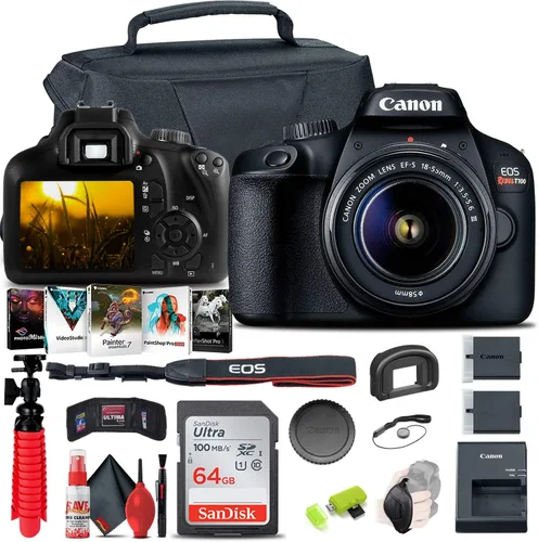 Canon EOS Rebel T100 / 4000D - Cámara DSLR con lente de 0.709-2.165 in, tarjeta de memoria de 64GB, funda, software fotográfico, batería LPE10,