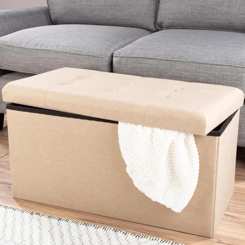 Miniatura 2 de Lavish Home Otomana plegable de almacenamiento, juego de 2 reposapiés copetudos de 30 pulgadas, baúl o banco de lino con contenedor extraíble