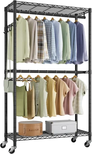 Miniatura 14 de Golpart Perchero de Ropa Resistente con Ruedas, Perchero Rodante para Prendas, Estanterías de Alambre Ajustables para Colgar Ropa con Colgador