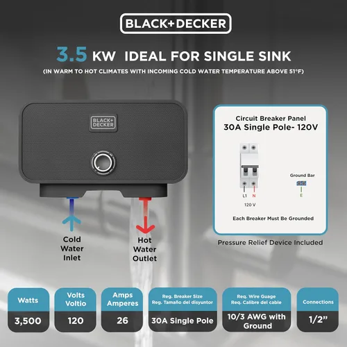 Miniatura 3 de BLACK+DECKER Calentador de agua eléctrico sin tanque de punto de uso de 3.5kW / 120-V 0.5 GPM con dispositivo de alivio de presión, calentador