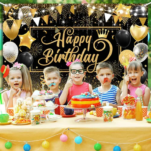 Miniatura 4 de AIBIIN Telón de fondo de feliz cumpleaños para hombre, fondo de fotografía dorado, globos negros, decoraciones de fiesta de cumpleaños, pancarta