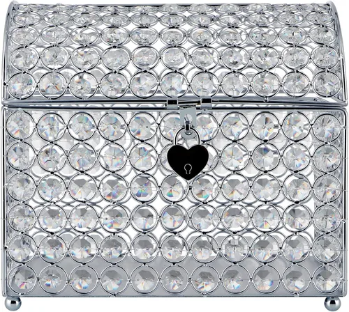 Miniatura 2 de MDLUU Caja de tarjetas del cofre del tesoro con cerradura en forma de corazón, soporte para sobres de cuentas de cristal para bodas, fiestas, Plata