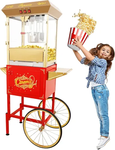 Miniatura 9 de Máquina comercial de palomitas de maíz de 16 onzas con carro, máquina de maíz vintage grande de 850 W con plataforma de calentamiento, máquina
