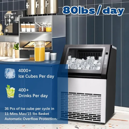 Miniatura 6 de DOGHLY Máquina de hielo comercial de 80 libras/24 horas, 36 cubos listos en 10-15 minutos, almacenamiento de 15 libras, autolimpieza, temporizador