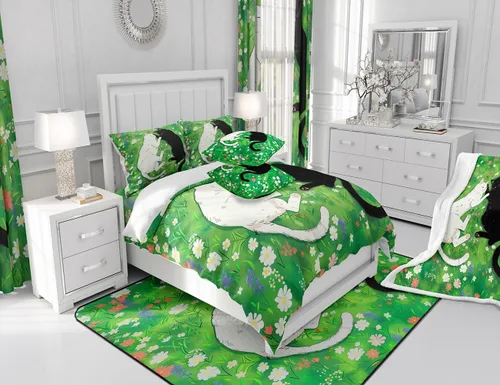 Miniatura 6 de Funda de edredón de gatos negros y blancos, juego de ropa de cama verde para niños, bonita funda de edredón de gatos para decoración de habitación