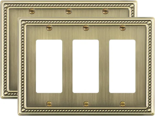 Miniatura 11 de Paquete de 2 placas de triple interruptor de luz de palanca, cubiertas decorativas de perlas, placa de pared de metal de 3 segmentos de latón Latón