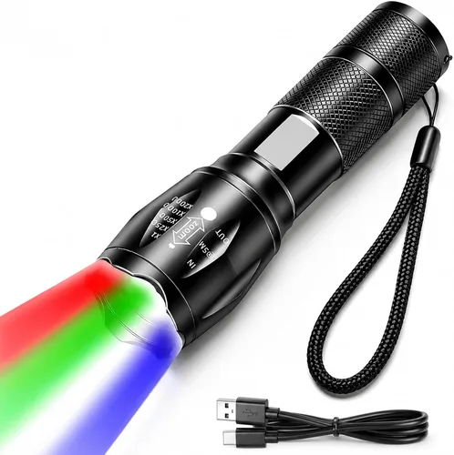 Linterna recargable roja 4 en 1, linterna LED multicolor (blanco/rojo/azul/verde) con 4 modos, linterna con zoom de alto lúmenes para camping,