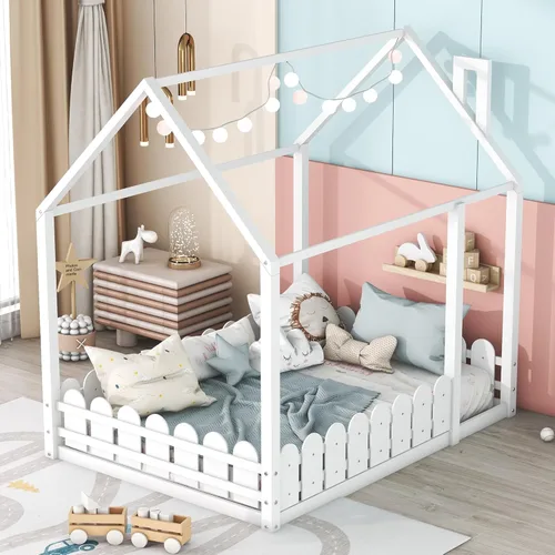 Miniatura 12 de Bellemave Cama de casa Queen con techo de madera, camas Montessori para niños, marco de cama de piso de madera para niñas, niños, adolescentes y Gris