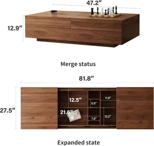 Miniatura 2 de Mesa de centro expandible de mediados de siglo con almacenamiento – Mesa central ajustable de 47.2"-81.9" para la sala de estar, acabado en madera
