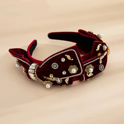 Miniatura 4 de YARN & INK Cintas para el cabello de mujer con perlas barrocas de terciopelo y lazo de strass, estilo retro vintage hecho a mano, elegante accesorio