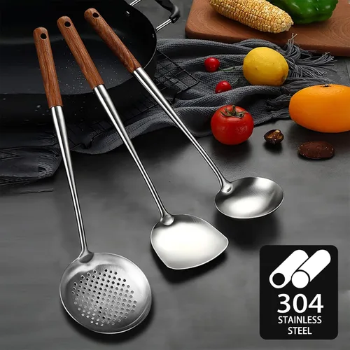 Miniatura 3 de Wok Cucharón y espátula, juego de cucharón wok de acero inoxidable, 3 cucharones largos de cocina, espátula de metal con mango de madera, juego