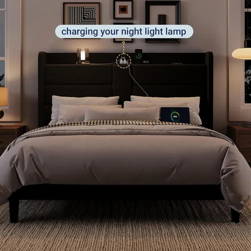 Miniatura 9 de Allewie Base de cama de plataforma de tamaño matrimonial con estación de carga y cabecera de almacenamiento, diseño tapizado de terciopelo con Negro