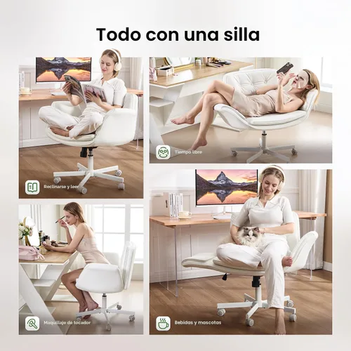 Miniatura 3 de amseatec Silla Criss Cross con reposabrazos y ruedas, silla de tocador de cuero PU, silla giratoria cómoda y ajustable para escritorio de Blanco