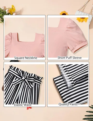 Miniatura 32 de DONWEN Conjunto de 3 piezas de ropa para niñas pequeñas y niñas con cuello cuadrado + pantalones elegantes + diadema para primavera y verano
