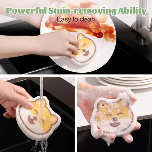 Miniatura 5 de JOYMOOP Esponja de cocina de dibujos animados, esponjas de celulosa para limpieza, esponjas antiarañazos para lavar platos, esponja reutilizable