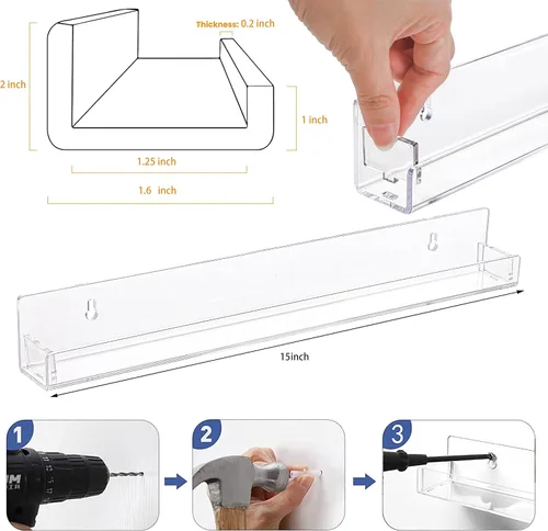 Miniatura 3 de Paquete de 2 estantes transparentes para esmalte de uñas montados en la pared, estantería flotante de acrílico invisible de 15 pulgadas, estante