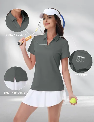 Miniatura 5 de MAGCOMSEN Camisas de golf para mujer, manga corta, cuello polo, cuello en V, secado rápido, protección solar UPF 50+