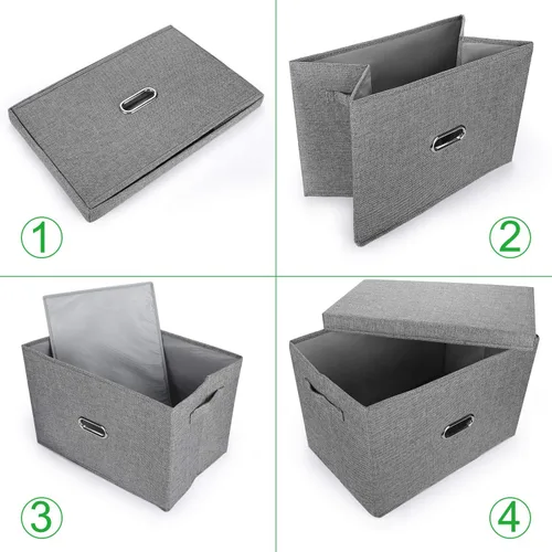 Miniatura 3 de Papeleras grandes plegables de tela de lino, con tapa y asas extraíbles, organizador de cajas de almacenamiento lavables, cubos con cubierta