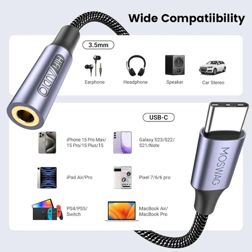 Miniatura 6 de MOSWAG Adaptador USB tipo C a conector de auriculares hembra de 0.138 in, USB C a Aux hembra de audio Dongle, cable compatible con iPhone 16 Pro 15