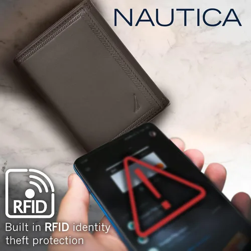 Miniatura 28 de Nautica Men's Trifold Wallet RFID Blocking Protection ID Window Card Slots Genuine Leather Durable