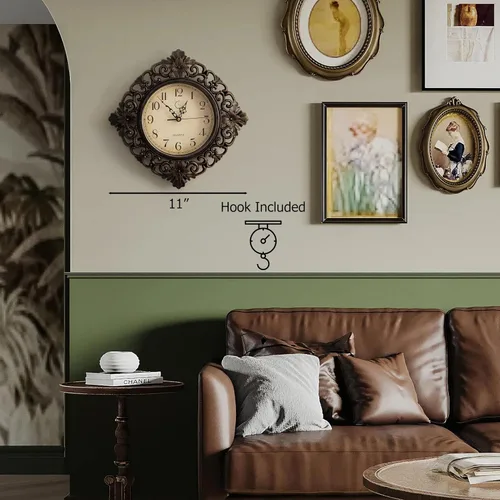 Miniatura 3 de Clockswise Reloj de pared colgante redondo clásico de 11 pulgadas con marco floral adornado en acabado envejecido vintage para el hogar, entrada