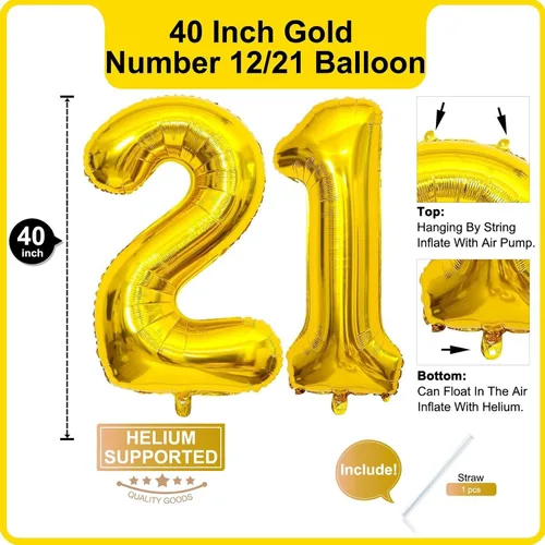 Miniatura 2 de Lovoir Globo dorado de 40 pulgadas con el número 12 de 21 dígitos gigantes de papel de aluminio de Mylar para helio de 12º cumpleaños y 21 años, oro