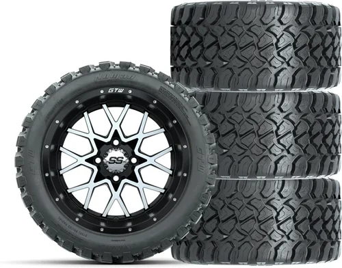 GTW Combo de ruedas y neumáticos para carrito de golf de 14 pulgadas | Ruedas de vórtice mecanizadas/negras en neumáticos radiales Nomad 23x10-R14
