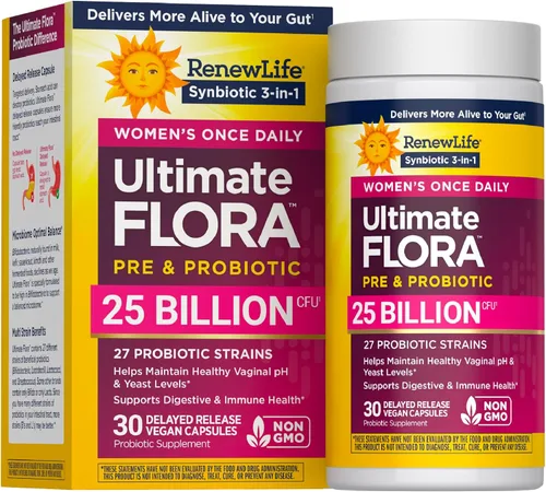 Renew Life Ultimate Flora Probiotics para mujeres con prebióticos | 25 mil millones de UFC | 30 cápsulas de liberación retardada | Sinbiótico 3 en 1