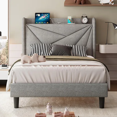 Miniatura 14 de iPormis Base de cama tamaño Queen con estación de carga, marco de cama de plataforma de lino con cabecera tapizada con respaldo de ala, soporte