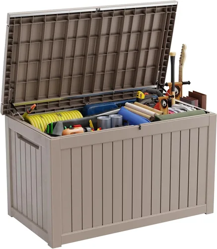 Miniatura 16 de ROJIK - Caja de almacenamiento para exteriores, impermeable, para patio y piscina, herramientas de jardín y cojines, banco con tapa con cerradura