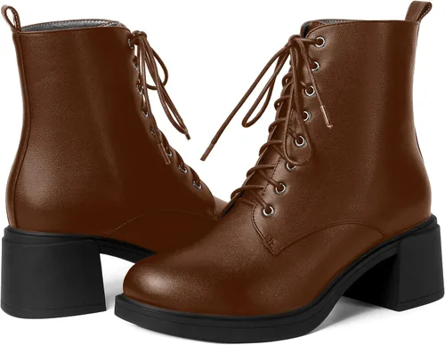 Miniatura 131 de ROSERWISH Botas altas de tacón bajo y grueso para mujer, con cordones, cómodas, modernas, con puntera redonda, de 2.5 pulgadas